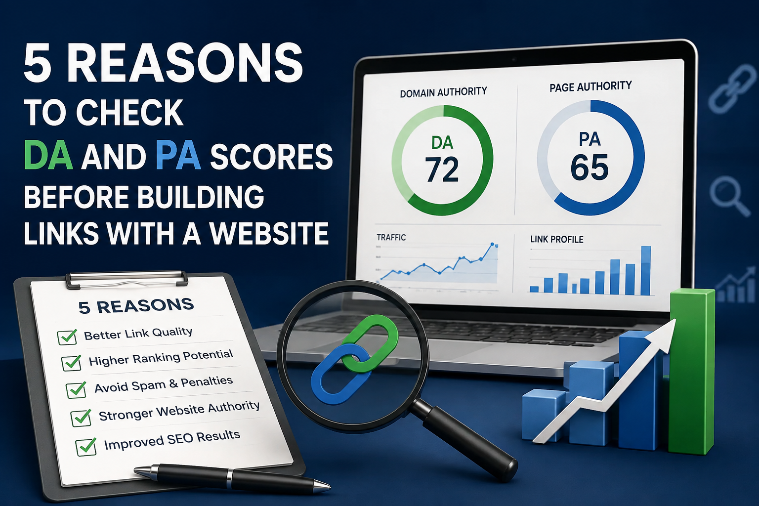 Illustration of five reasons to check DA and PA scores before building links, with a laptop showing domain authority 72 and page authority 65