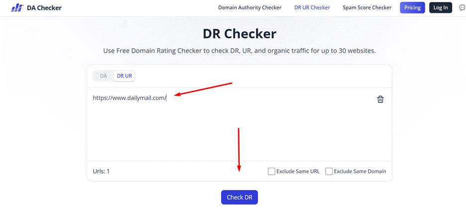 DR Checker form with a website URL entered and arrows pointing to the URL field and the Check DR button