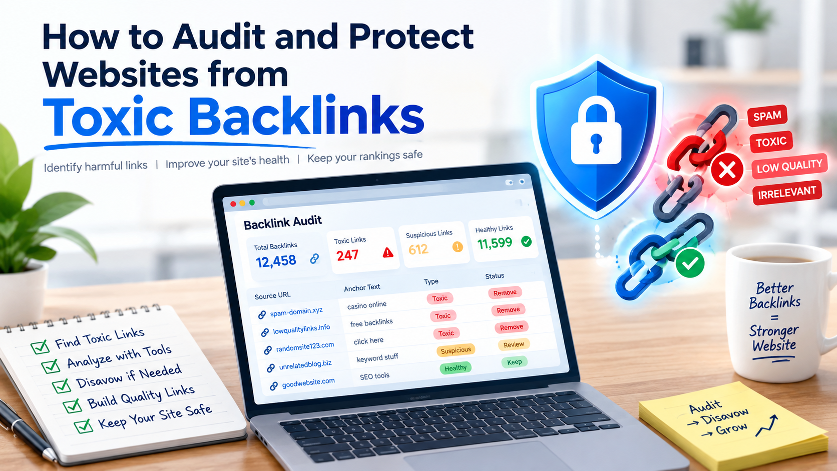 Illustration of a backlink audit on a laptop, with toxic, suspicious, and healthy link counts, next to a checklist for removing harmful links