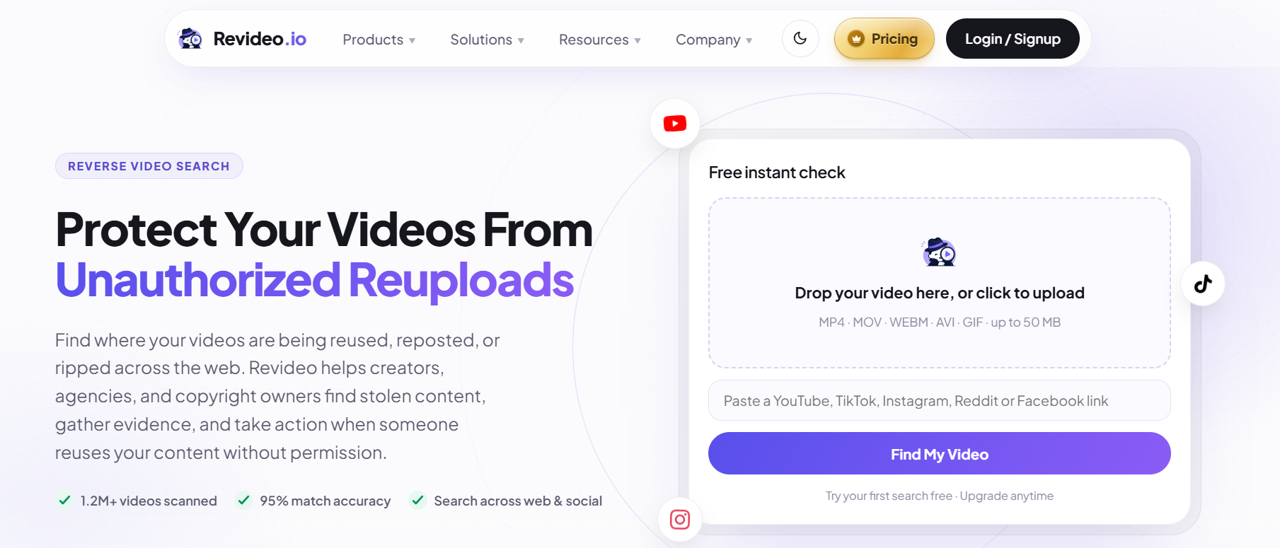 Revideo.io reverse video search page with an upload area for MP4, MOV, WEBM, AVI, and GIF files
