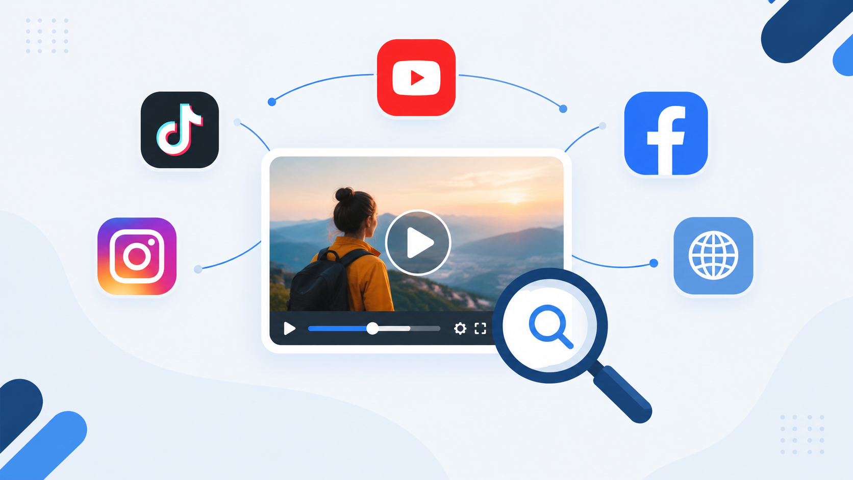Illustration of a video connected to YouTube, TikTok, Instagram, Facebook, and the web, with a magnifying glass over the player