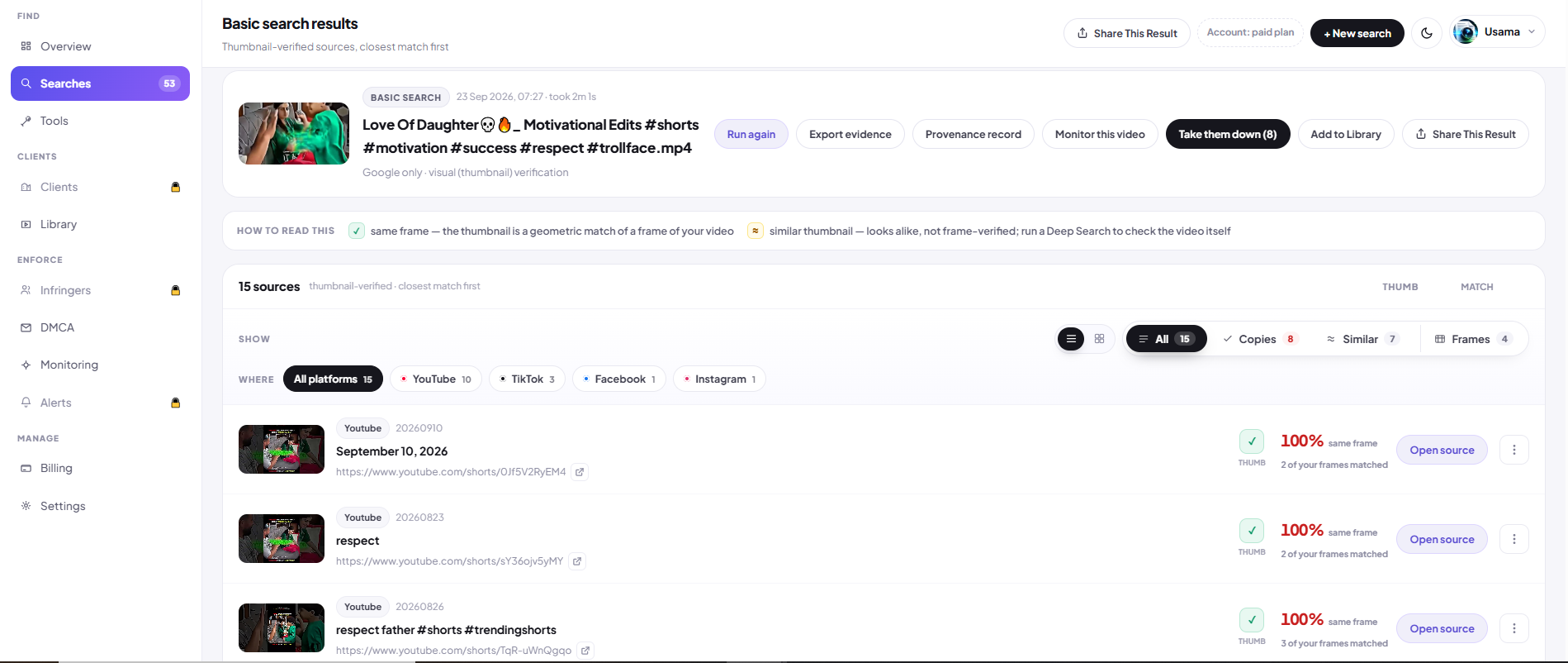 Reverse video search results listing matching uploads on YouTube, TikTok, Facebook, and Instagram